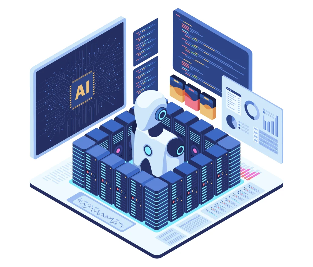 ilustrasi isometrik yang menampilkan proses pengelolaan AutoML oleh robot AI