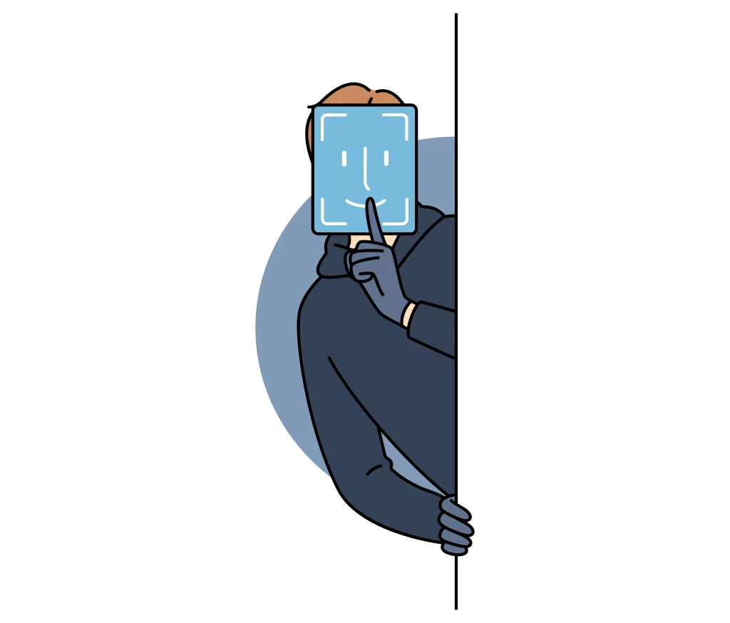  Ilustrasi biometric hijacking melambangkan penyamaran identitas atau anonimitas digital.