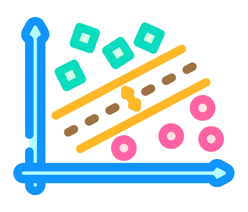 Ilustrasi grafik Support Vector Machines yang merepresentasikan konsep machine learning, analisis pola, dan pengelompokan data