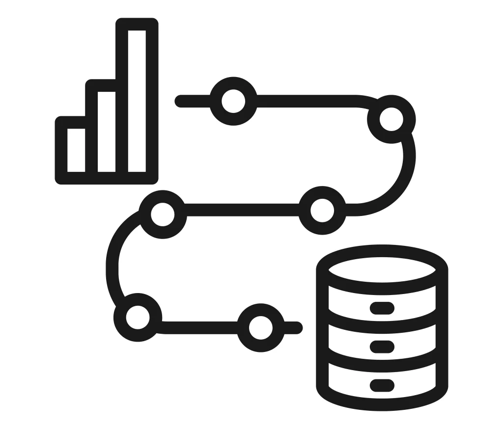 pipeline data yang menampilkan alur perpindahan data dari grafik batang menuju ikon database melalui jalur berbentuk garis dengan beberapa titik proses. 